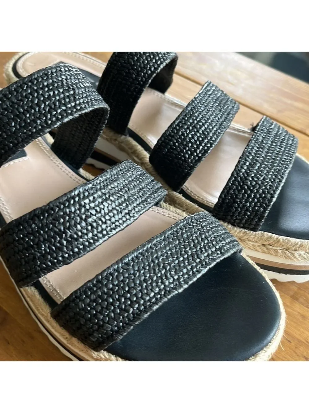 STEVEN Steve Madden Black Linz Women’s Platform Textile 3 Strap Wedge Sandals 9